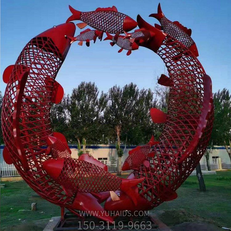 不銹鋼鏤空鯉魚環繞圓環雕塑 戶外公園小品擺件