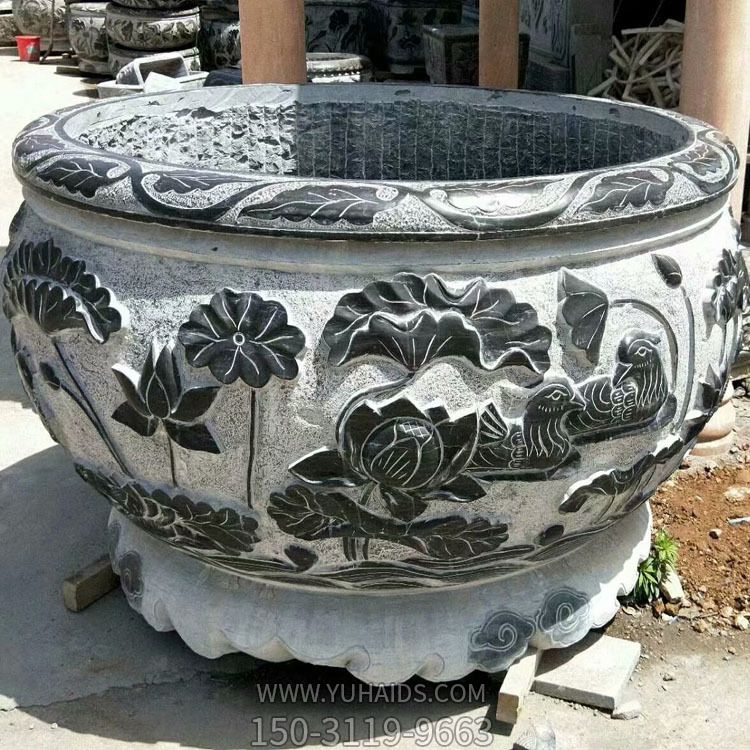 庭院大型青石仿古圓形魚(yú)缸石雕荷花缸雕塑