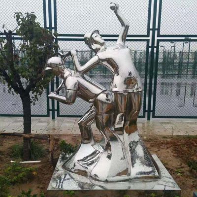 打網球，不銹鋼鏡面抽象體育運動人物景觀雕塑