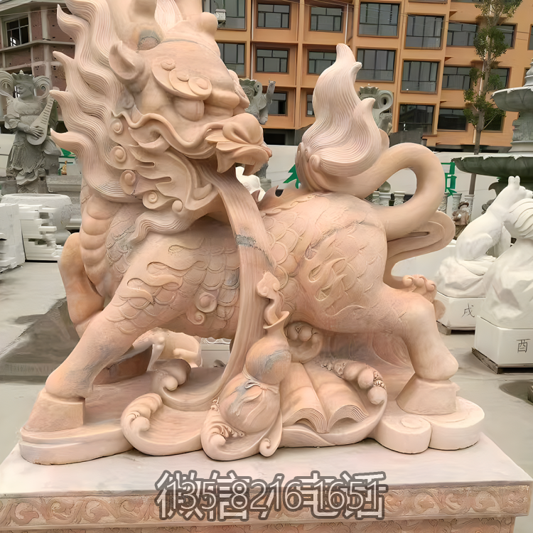 晚霞紅石雕庭院寺廟大型動物景觀神獸麒麟雕塑