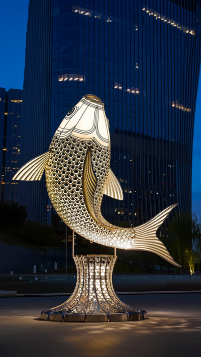 不銹鋼網格鏤空發光鯉魚雕塑