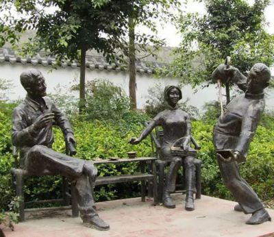 公園喝茶倒茶（功夫茶）鑄銅人物情景雕塑